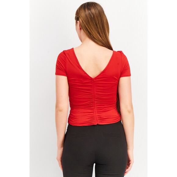 Forever 21 Womens Ruched Cropped Top Small Red V Neck T Shirt Short Sleeve Sexy - Picture 3 of 7